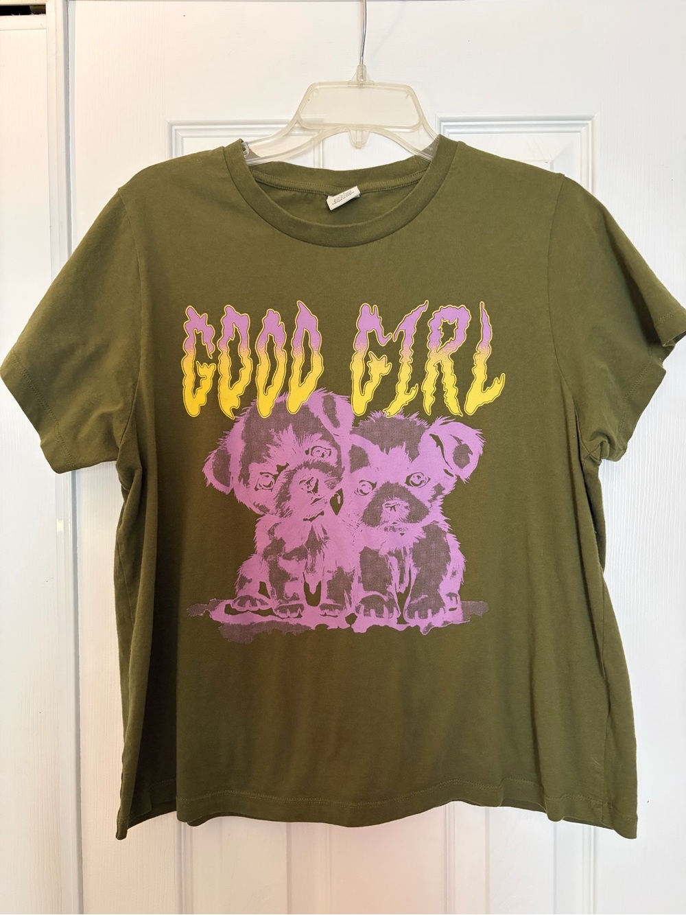 Urban Outfitters Olive Green "Good Girl" Graphic Tee with Pink Puppy Print